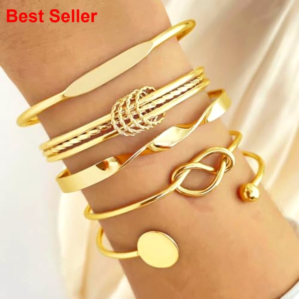 14k Gold-Plated Stackable Cuff Bracelets Set, Adj… - image 7